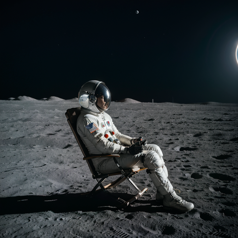 Un homme en combinaison spatiale assis sur la lune.